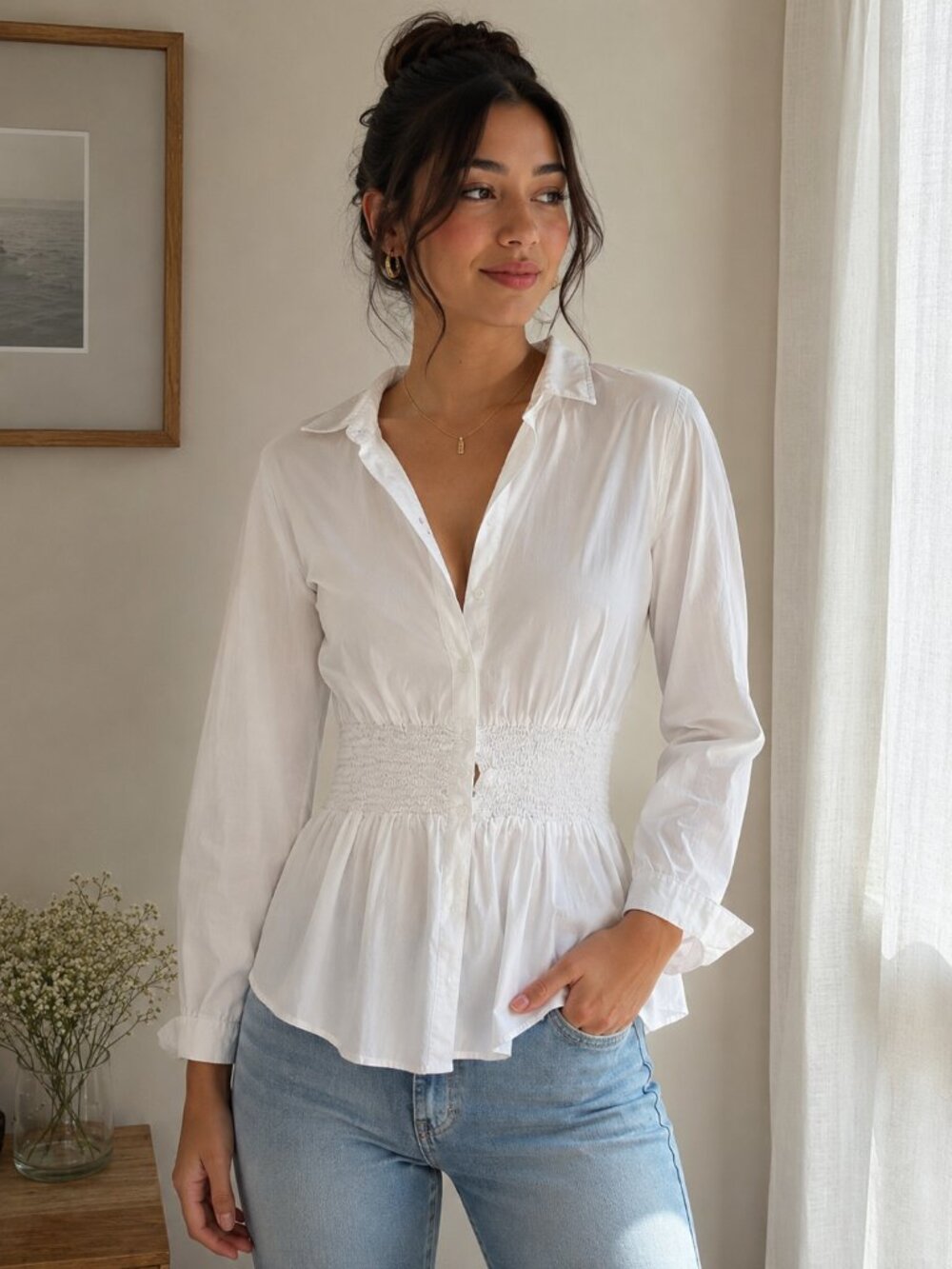 Ellen Tracy White Smocked Waist Button-Front Tunic Blouse